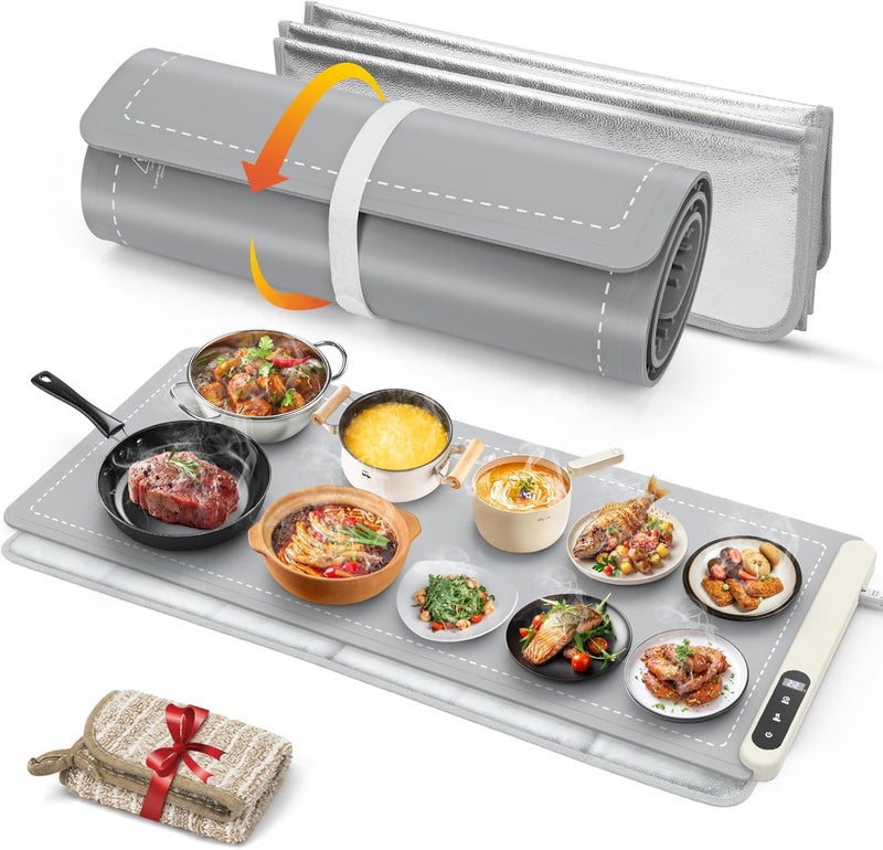 FYY Extra Large Warming Mat for Food with Heat Resistant Pad, Prevent Countertop Cracks, Keep Meal Warm, Rapid and Full Surface Heating, 6 Temp Settings, 6H Timer, Rollable Portable Food Warmer, Grey - Image 1
